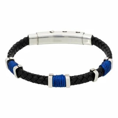 Men's bracelet steel, black leather and blue rope "BLACK EYES"