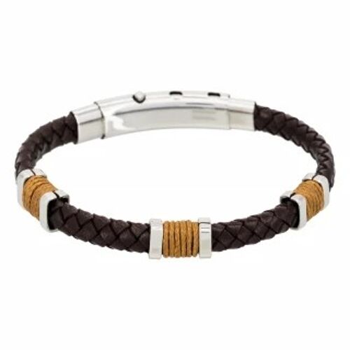 Bracelet Homme acier, cuir marron et corde camel "BROWN EYES"