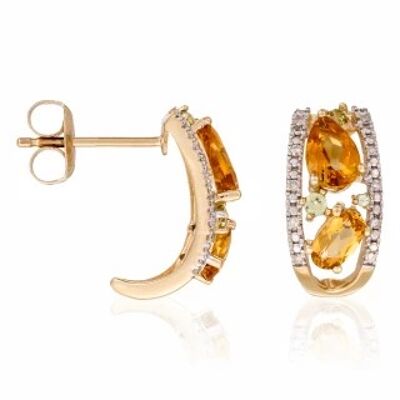Yellow Gold Earrings "OLIVINES" Diamonds 0.06 carat and Pi...