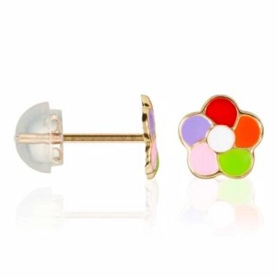 Yellow Gold "Multicolored Daisy" Children's Earrings