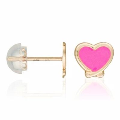 Pendientes Infantiles "Corazón Rosa" de Oro Amarillo