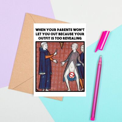Funny Medieval Art Greeting Card - Revealing Outfit