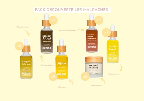 Pack découverte Les Malgaches - 6 huiles pures : Jojoba, Moringa, Coco, Baobab, Avocat et Ricin Rouge