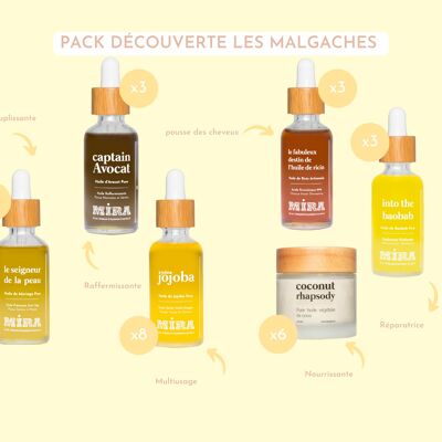 Pack descubrimiento Les Malgaches - 6 aceites puros: Jojoba, Moringa, Coco, Baobab, Aguacate y Ricino Rojo