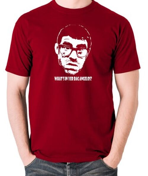 Vic And Bob Inspired T Shirt - What's In Yer Bag Angelos? brick red