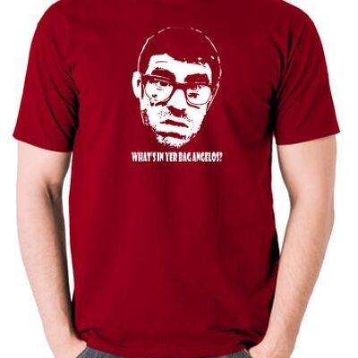 Vic And Bob Inspired T Shirt - What's In Yer Bag Angelos? brick red