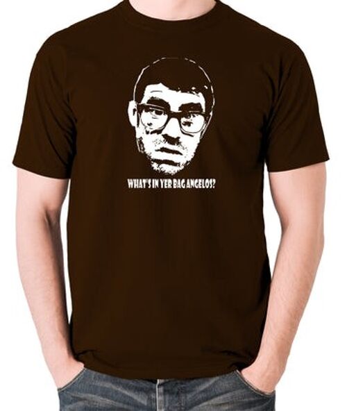 Vic And Bob Inspired T Shirt - What's In Yer Bag Angelos? chocolate