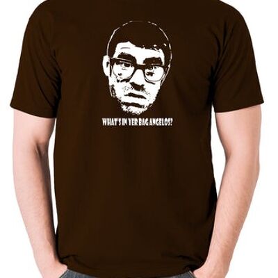 Vic And Bob Inspired T Shirt - What's In Yer Bag Angelos? chocolate