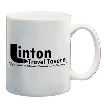 Mug inspiré d'Alan Partridge - Linton Travel Tavern à égale distance entre Norwich et Londres