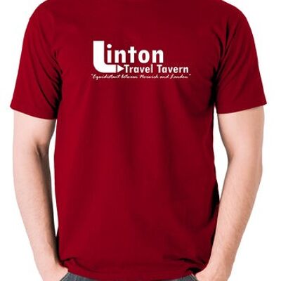 Camiseta inspirada en Alan Partridge - Linton Travel Tavern equidistante entre Norwich y Londres rojo ladrillo