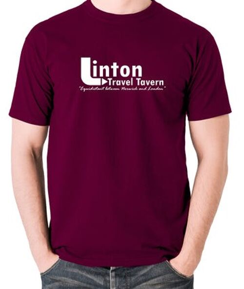 Alan Partridge Inspired T Shirt - Linton Travel Tavern Equidistant Between Norwich And London burgundy
