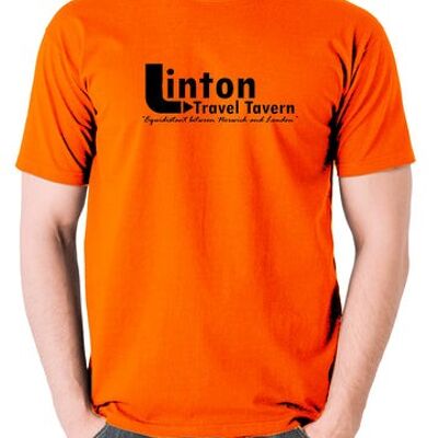 Maglietta ispirata a Alan Partridge - Linton Travel Tavern equidistante tra Norwich e Londra arancione