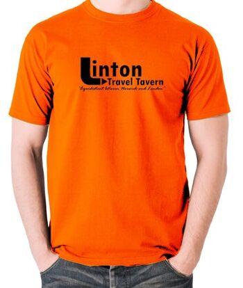 T-shirt inspiré d'Alan Partridge - Linton Travel Tavern à égale distance entre Norwich et Londres orange