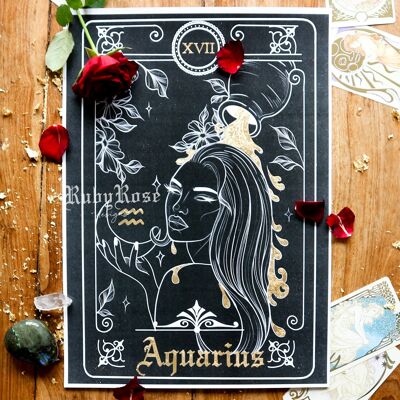 Aquarius Zodiac Gold-Leaf Tarot Card Print