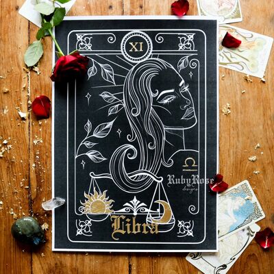 Libra Zodiac Gold-Leaf Tarot Card Print