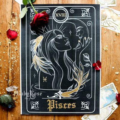 Pisces Zodiac Gold-Leaf Tarot Card Print