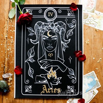 Aries Zodiac Gold-Leaf Tarot Card Print