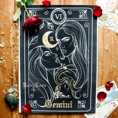 Gemini Zodiac Gold-Leaf Tarot Card Print