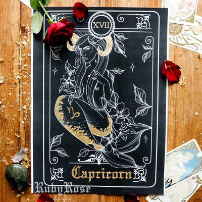 Capricorn Zodiac Gold-Leaf Tarot Card Print