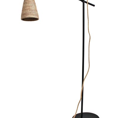 Galgenlampe aus schwarzem Metall, Lampenschirm aus himmelblauem Rattan