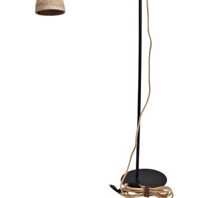 Lámpara de horca de metal negro, pantalla de ratán blanco ceruse