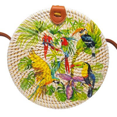 Sac Bali rond en rotin de découpage de perroquets