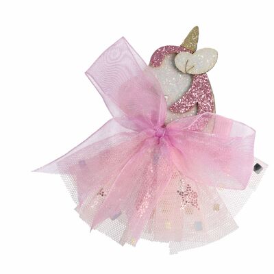 Tulle Hair Clip - With Bow and Unicorn - Pink
