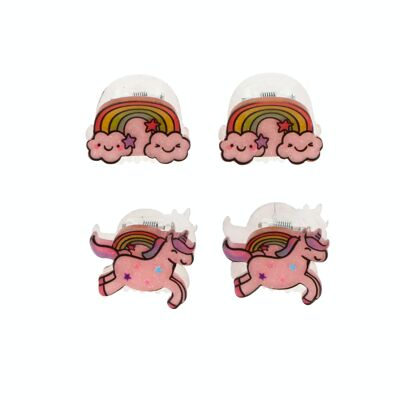 4 Transparent Hair Clips - Unicorn and Rainbow