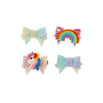 Set of 4 Hair Clips - Bows, Unicorn and Rainbow