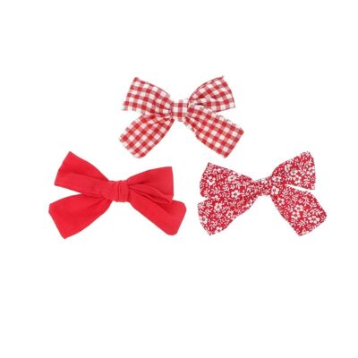 Set of 3 Hair Clips with Bows - Plain, Square and Flowers