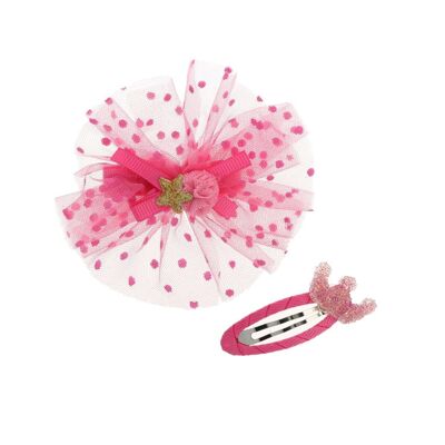 2 Hair Clips - Bow with Tulle and Crown - Pink