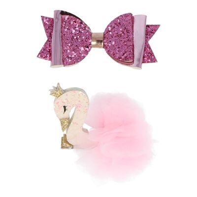 2 Hair Clips - Bow and Swan with Tutu - Pink