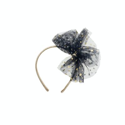 Rigid Headband with Large Blue Tulle Bow - Gold