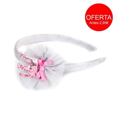 Headband Lined with Ribbon - With Tulle and Crown - Silver