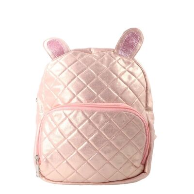 Quilted Backpack with Ears - Zip - Metallic Pink