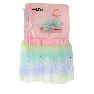 Princess Set - Tutù multicolore, bacchetta e cerchietto con fiocco