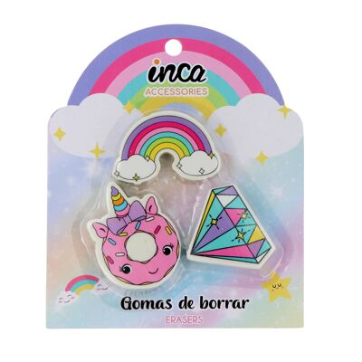 3 Unicorn Erasers - Diamond, Rainbow and Donut