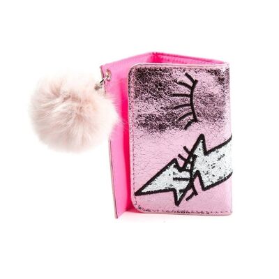 Portemonnaie mit verschiedenen Fächern und Bommel - Metallic Pink