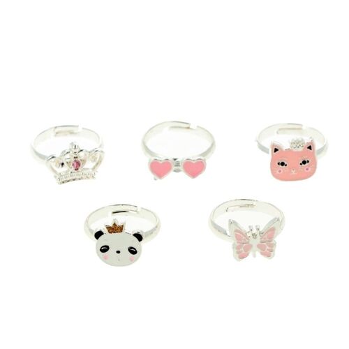 Set 5 Anillos Infantiles Ajustables Caja Corazón - Plateado