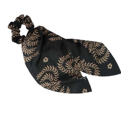 Crinkled Hair Band with Bow - Flowers - Beige and black