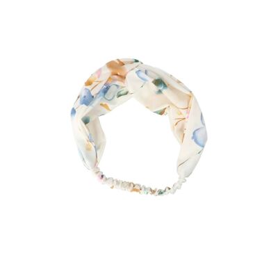 Elastic Fabric Headband with Knot - Flowers - White and Camel