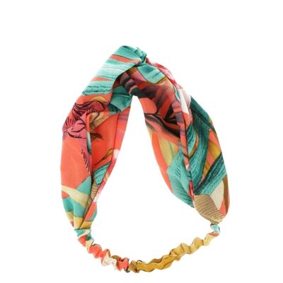 Elastic Fabric Headband with Knot - Flowers - Orange and Blue