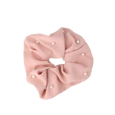 Wrinkled Hair Tie with Pearls - Pink