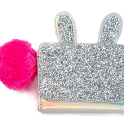Glitter Purse with Ears and Pink Pom Pom - Silver