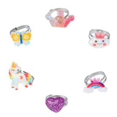 Set of 6 Adjustable Children's Rings with Ornaments - Silver