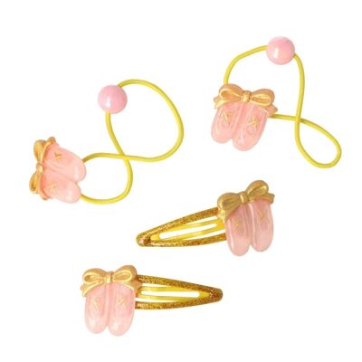 2 Hair Bands and 2 Hair Clips - Gold - Pink Ornaments