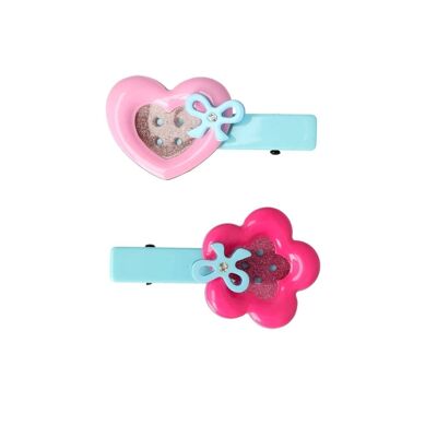 Set of 2 Crocodile Hair Clips with Heart and Flower - Pink