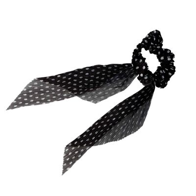 Polka Dot Hair Tie with Scarf - Scrunchie - Black