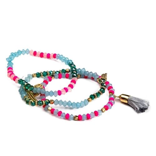 Pulsera Triple de Bolas - Abalorios y Borla - Rosa y Azul