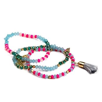 Bracelet Triple Ball - Perles et Pompon - Rose et Bleu